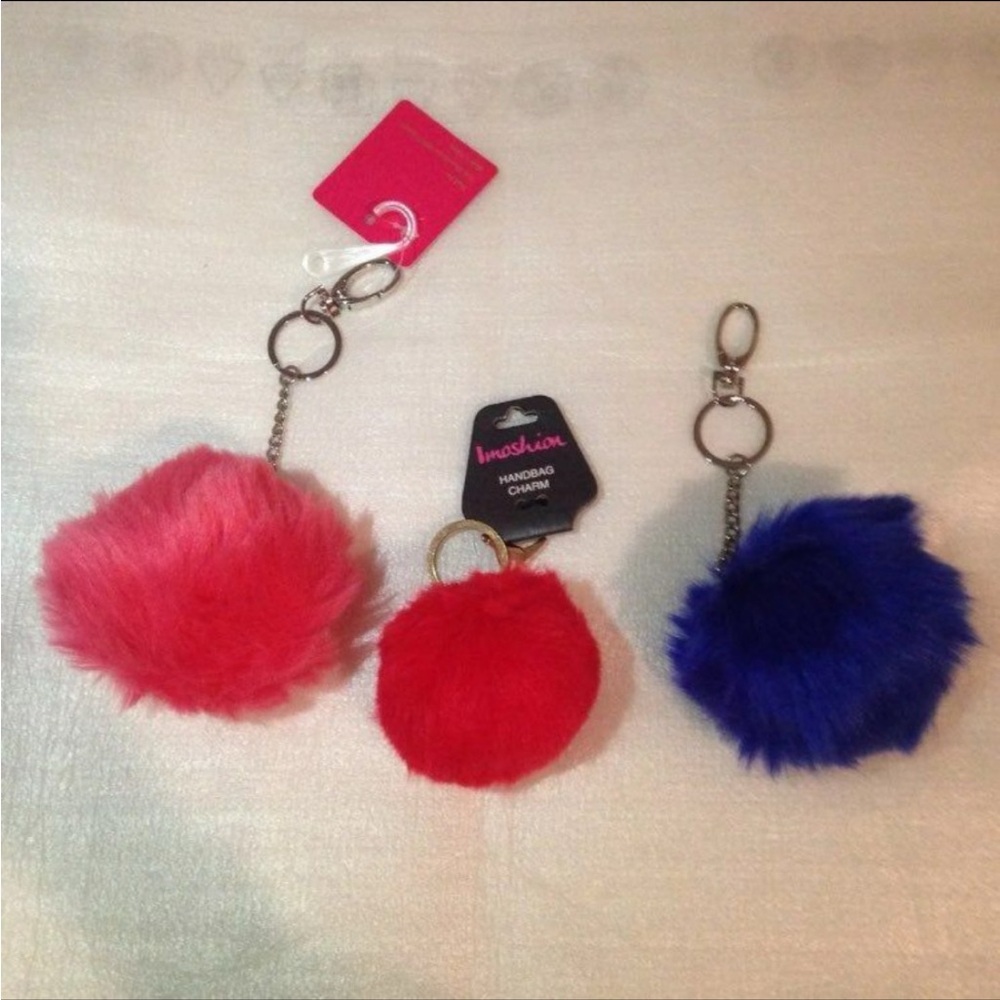 3 X Faux Fur Pom pom Keychain
